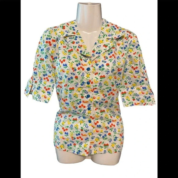 Vintage Cherry Polka Dot Novelty Print Button Down Shirt - Picture 1 of 7